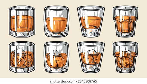 Whiskey glasses colorful set sticker with strong perennial cognac or brandy with or without ice cubes vector illustration