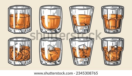 Whiskey glasses colorful set sticker with strong perennial cognac or brandy with or without ice cubes vector illustration