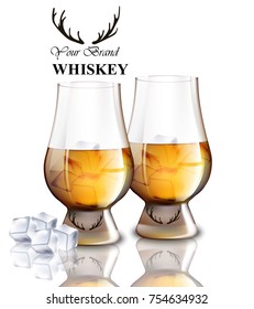 Whiskey glasses with ice cubes isolated on white. Vector realistic illustration