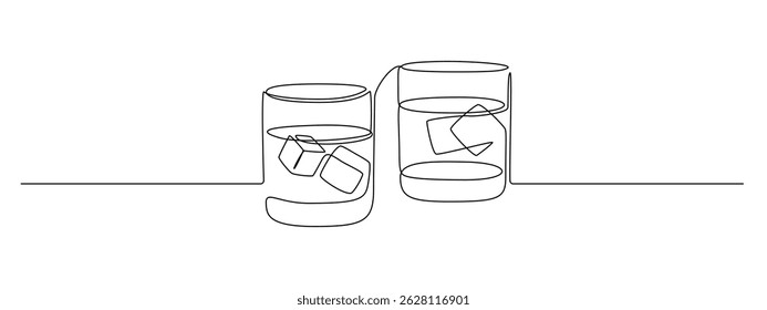 Whiskey glasses in one continuous line drawing. Whisky and liquor with ice cubes for alcohol drink menu in simple linear style. Editable stroke. Doodle outline vector illustration