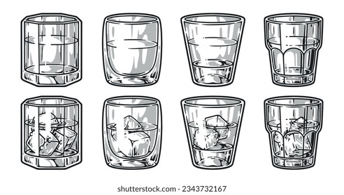 Whiskey glasses set emblem monochrome with cognac and brandy or armagnac poured into glassfuls of different shapes vector illustration