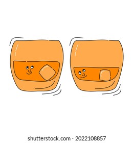 Whiskey glassware with smile face on white background. Cartoon sketch graphic design. Doodle style with black contour line. Cute hand drawn glass. Party drinks concept. Kawaii freehand drawing style.
