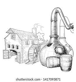 Whiskey from grain to bottle. A Swan necked copper Stills, oak casks used for aging and a watermill on a background. Black and white ink style drawing isolated on white background. EPS10 vector.