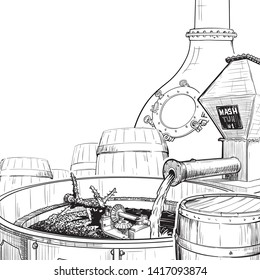 Whiskey from grain to bottle. A Swan necked copper Stills, oak casks used for aging and a watermill on a background. Black and white ink style drawing isolated on white background. EPS10 vector.