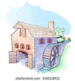 Whiskey from grain to bottle. A watermill. Sketch style drawing, watercolor painting, isolated on white background. EPS10 vector illustration.