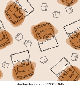 Whiskey hand draw vector seamless pattern. Glasses of cold whiskey. 