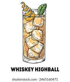 Ilustración de cóctel de whisky. Dibujado a mano. Ilustración vectorial. Objeto aislado.