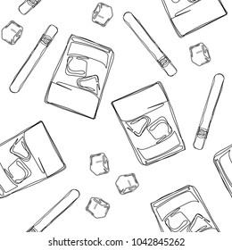 Whiskey with ice and cigar. Seamless vector pattern. Hand draw illustration