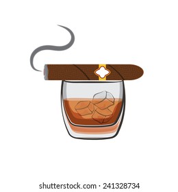 Whiskey with ice cubes and cigar