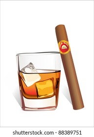 Whiskey with ice cubes and cigar, isolated on white background. Vector