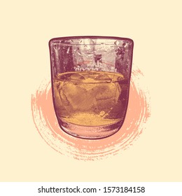 Whiskey with ice in a glass. engraved retro style. vector illustration