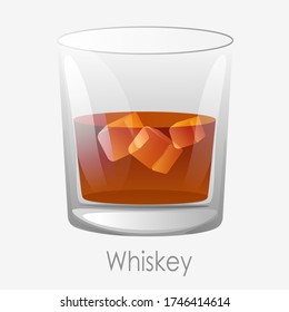 Whiskey ice glass. Scotch dark orange colour ice cubes aged old bourbon glass old fashion brandy drink clipart relaxation luxury vector cognac restaurants, bars.