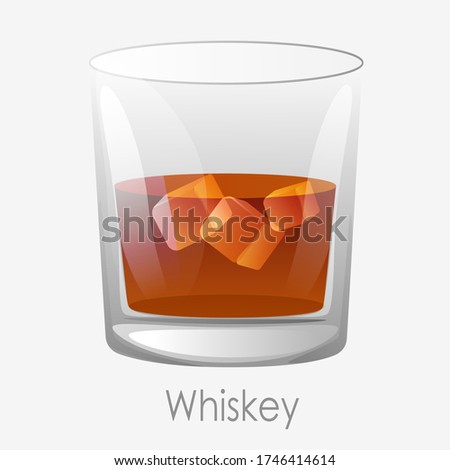 Whiskey ice glass. Scotch dark orange colour ice cubes aged old bourbon glass old fashion brandy drink clipart relaxation luxury vector cognac restaurants, bars. 商業照片 © 