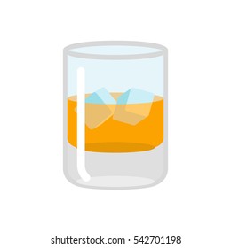 Whiskey And Ice. Glass Of Scotch On Rocks. Drink On White Background. Alcohol Illustration