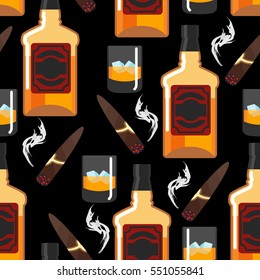 Whiskey with ice seamless pattern. Gentleman background. Bottle of scotch texture. Cigar smoke ornament. bar backdrop