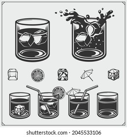 Whiskey with ice set. Pub emblems and design elements.