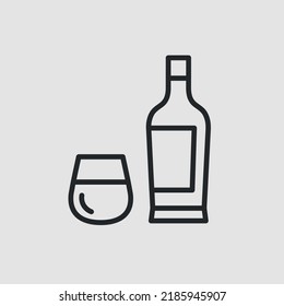 Whiskey icon. Lined bottle and glass of whiskey for social media, web and app design. Vector illustration 