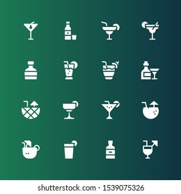 whiskey icon set. Collection of 16 filled whiskey icons included Cocktails, Whiskey, Beverage, Coconut drink, Cocktail, Margarita, Tequila