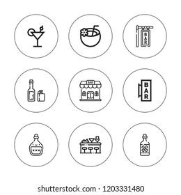 Whiskey icon set. collection of 9 outline whiskey icons with bar, cocktail, coconut drink, rum icons. editable icons.