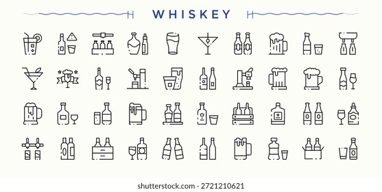 Ícone de Whiskey definido em estilo linear. Coleção de ícones minimalistas. Ele contém símbolos para bar, beber, vodka, restaurante, coquetel. Pictograma e infográfico. Conjunto de ícones Vodka.