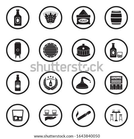 Whiskey Icons. Black Flat Design In Circle. Vector Illustration.