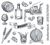 Whiskey icons collection isolated on white background. Glasses, bottle, barrel hand drawn elements for pub and bar menu design. Vector sketch illustration