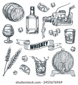 Whiskey icons collection isolated on white background. Glasses, bottle, barrel hand drawn elements for pub and bar menu design. Vector sketch illustration