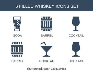 whiskey icons. Trendy 6 whiskey icons. Contain icons such as soda, barrel, Cocktail. whiskey icon for web and mobile.