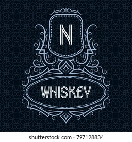 Whiskey label design template. Patterned vintage monogram with text on seamless pattern background.