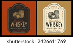 Whiskey label design, vintage retro style with barrel illustration