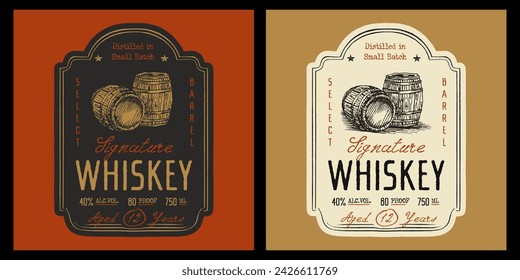 Whiskey label design, vintage retro style with barrel illustration