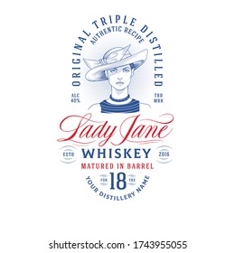 Whiskey Label with Elegant Woman in Hat