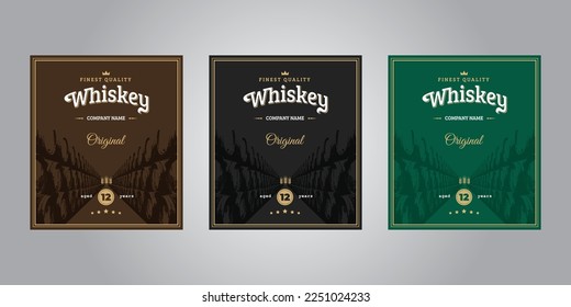 Whiskey label vector design with editable colors and vector illustration of barrels background