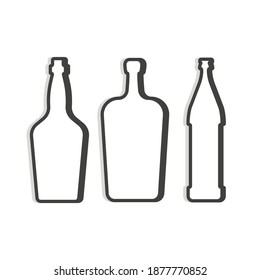 Whiskey and liquor beer bottle. Linear shape. Simple template. Isolated object. Symbol in thin lines for alcoholic institutions, bars, restaurants. Dark outline. Flat illustration on white backdrop.