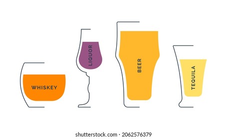 Whiskey, liquor, beer, tequila glass in minimalist linear style. Contour of glassware on left side in form of fine black line. Drink is depicted in form of shape with colored fill. Isolated image.