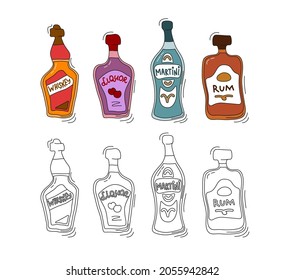 Whiskey, liquor, martini, rum bottle on white background. Two kinds beverage. Cartoon sketch. Doodle style with black contour line. Colored hand drawn object. Party drinks concept. Freehand drawing
