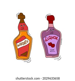 Whiskey and liquor with smile on white background. Cartoon sketch graphic design. Doodle style with black contour line. Cute hand drawn bottle. Party drinks concept. Freehand drawing style. Vector.
