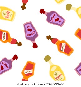 Whiskey liquor and tequila bottles seamless pattern. Great design for any purposes. Doodle style. Hand drawn repeat template. Party drinks concept. Freehand drawing. Cartoon sketch graphic draft.
