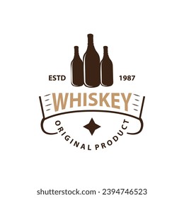 Whiskey Logo Design Old Drink Bottle Simple Style Retro Vintage Bar Restaurant Templet Illustration