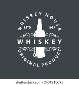 Whiskey Logo Design Old Drink Bottle Simple Style Retro Vintage Bar Restaurant Templet Illustration