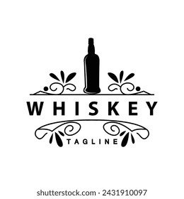 Whiskey Logo Design Old Drink Bottle Simple Style Retro Vintage Bar Restaurant Templet Illustration