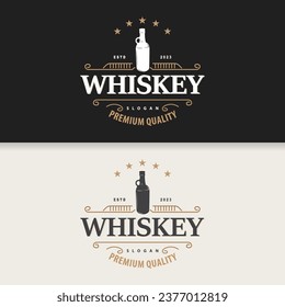 Whiskey Logo, Drink Label Design With Old Retro Vintage Ornament Illustration Premium Template