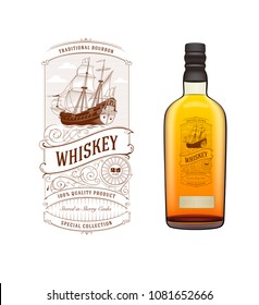 Whiskey Logo with Sailing Ship and Whiskey Bottle Mock-Up