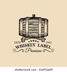 Whiskey logo. Vector sign with wooden barrel. Typographic label, badge with hand sketched keg. Used for restaurant, cafe, bar menu.