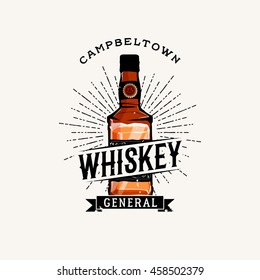 Whiskey logotype with cartoon detailed whiskey bottle