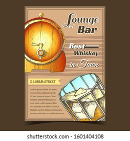 Whiskey Lounge Bar Best In Town Poster Vector. Glass With Bourbon Whiskey And Ice Cubes And Wooden Barrel On Advertising Banner. Glassware With Strong Alcoholic Drink Mockup Color Illustration