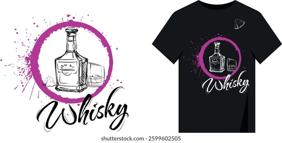 Whiskey lover t-shirt print, minimalist design, hand drawn line art. Alcohol bottle, glass, lettering, realistic splash effect, brush strokes, vector design