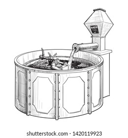 Whiskey making process from grain to bottle. A mash tun. Black and white ink style drawing isolated on white background. EPS10 vector illustration.