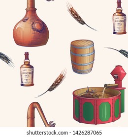 Whiskey making process from grain to bottle. Pieces of equipment. Seamless Pattern. EPS10 vector illustration.