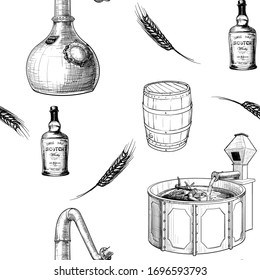 Whiskey making process from grain to bottle. Pieces of equipment. Seamless pattern. Sketch style drawing isolated on white background. EPS10 vector illustration